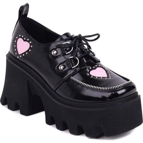 Womens Platform Heart Brogues Creepers Chunky High Heel Oxfords Shoes Punk Retro British Styles JK Black Harajuku New 2022
