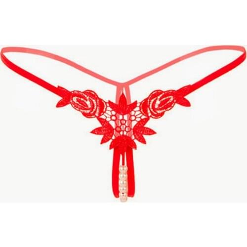 Women Erotic Crotchless Panties T-pants Embroidered Flower Pearl Thong Low Waist Sexy See-through G-String Underwear Lingerie