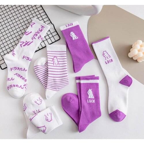 Spring and summer womens cotton socks mid-waist fashion bear socks Japanese cute cartoon purple womens socks Harajuku college