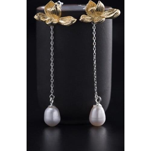 S925 Sterling silver Chinese style earrings female 2021 new net red tide temperament long earrings golden lotus pearl earrings