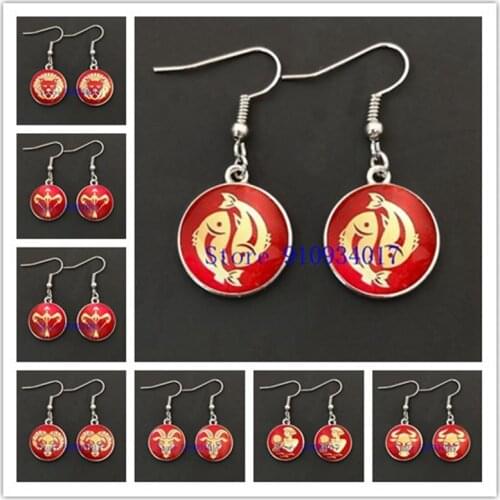 12 Constellation Hook Drop Earrings Womens Pendant Aquarius Pisces Aries Taurus Gemini Leo Scorpio Zodiac Earrings