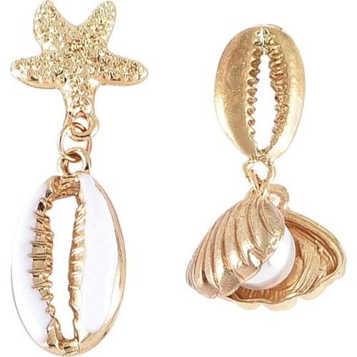 2 Pcs/Set Bohemian Women Earrings Starfish Shell Scallop Pearl Pendant Drop Gold Long Stud Earring Set Charm Beach Party Jewelry