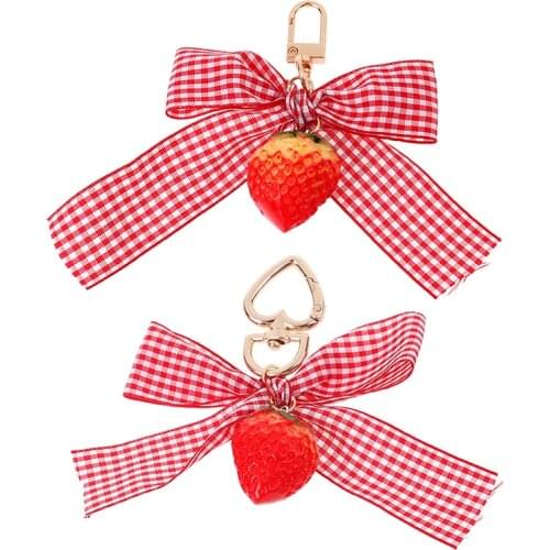 1PC Lovely Ribbon Strawberry Keychain Keyring For Women Girl Jewelry Simulated Fruit Bowknot Cute Bag Car Key Holder Keyring