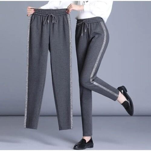 Plus Size 4XL Casual Pants Women Side-stripe Lace-up Harem Pants Fashion Elastic Waist Womens Soft Leisure Spring Trendy Simple