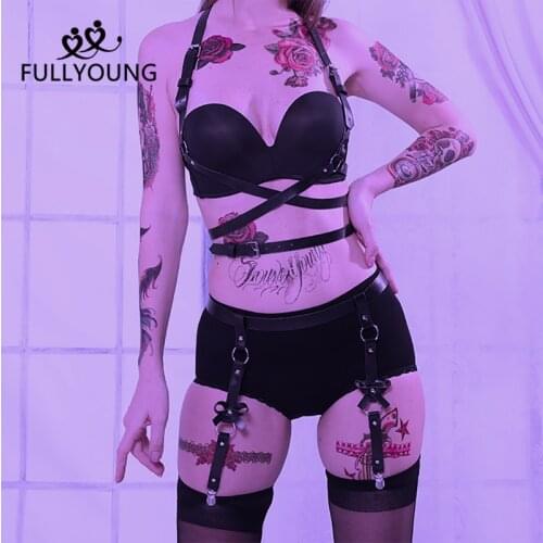 Fullyoung Harness Bra Garter Belts Sexy 2 Piece Leather Body Bondage Straps Bdsm Punk Fetish Garter Belts Erotic Suspender Top