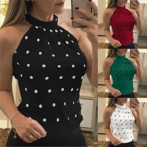Sexy T-shirt Women Tight Slim Sleeveless Tank Vest Fitness Halter Tshirt Top Fashion Printed Dot Womens Tees Tops