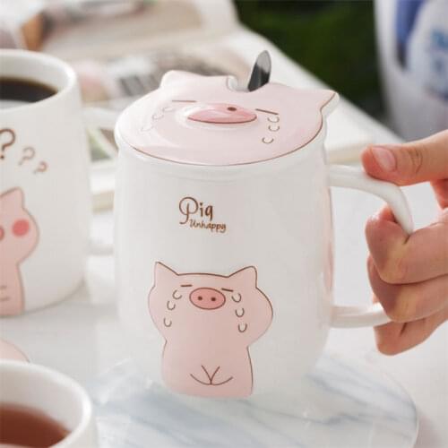 QueenTime 500ml Ceramic Coffee Mug With Lid Spoon Kawaii Pig Heat-resistant Mugs Large Milk Tea Breakfast Cup Creative Drinkware