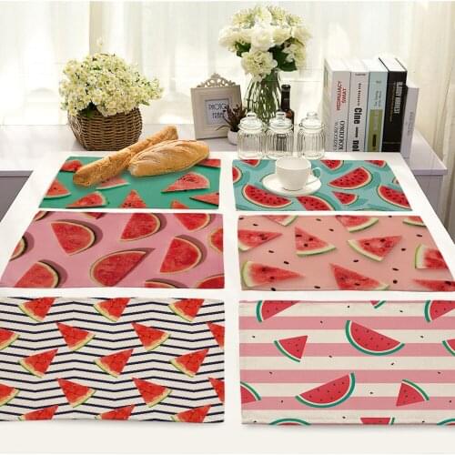 Watermelon Fun Print Cartoon Pattern Placemat Restaurant Cotton Linen Table Mat Yellow-green Striped Decoration cup coaster