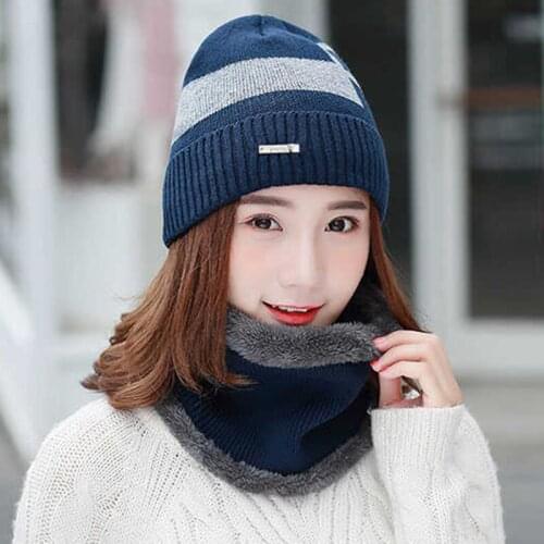 Buy hat gift collar New Fashion thick warm knitted autumn and winter ladies patchwork color wool plus velvet comfortable cap