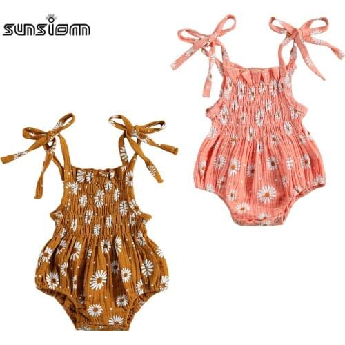 Baby Summer Clothing Infant Sleeveless Romper Daisy Flower Print Jumpsuit Adjustable Shoulder Strap Elastic Band