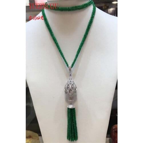 Hot sell new natural green JADE micro inlay zircon big water drop pendant tassel necklace long sweater chain fashion jewelry