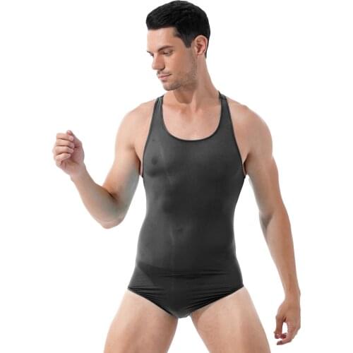 Fashion Bodysuit Men Sleepwear Fit Solid Color Round Neck Sleeveless Wrestling Singlet Stretchy Leotard Pajama Swimsuit Swimwear