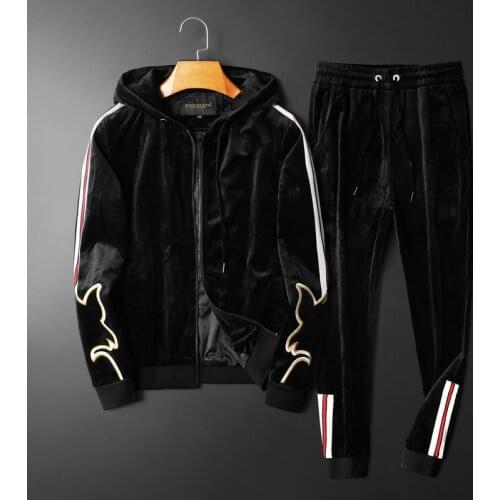 2021 gold velvet long-sleeved suit mens autumn trend embroidery casual sports trousers suit