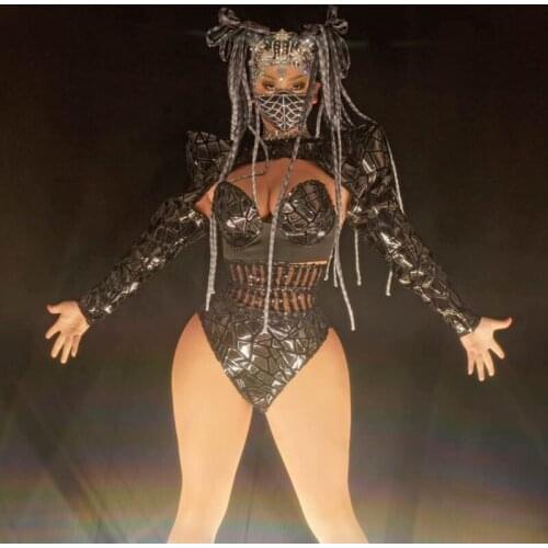 Novelty Black Sequins Bodysuit Sets Sexy Club Outfit Women Reflective Bra + Shorts + Tops Dance Costume Stage Performance Wear