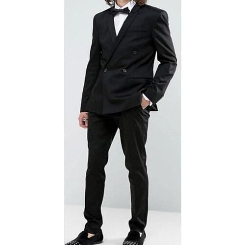 New Double Breasted Black Men Business Suits Two Piece Notched Lapel Custom Made Wedding Groom Tuxedos (Jacket + Pants) 309