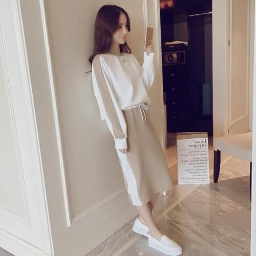 Autumn Warm Patchwork Straight Dress Female O-neck Casual Dress Women Drawstring Mid-Calf Dress