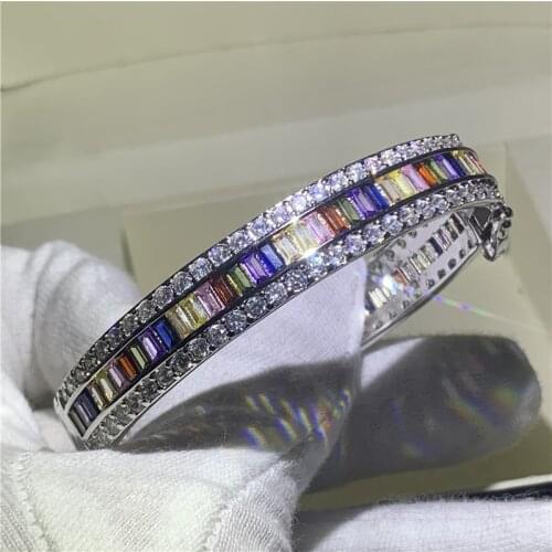 Luxury Jewelry Bangle 925 Sterling Silver Multi AAAAA Cubic Zircon Full Princess Cut CZ Charm Women Wedding Bangle Gift