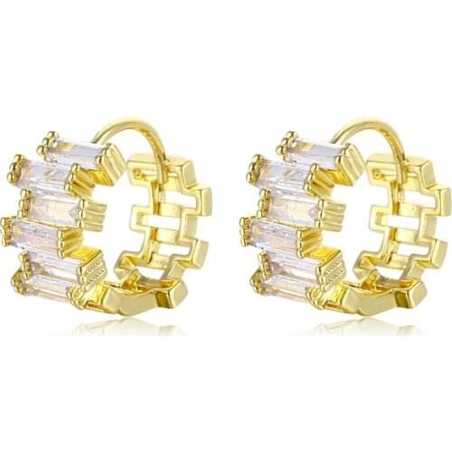Irregular Geometric Unique Design Formal Earrings For Women Gold Full Paved Rectangle Zircon Huggie Hoop Earring Bridal Jewelry
