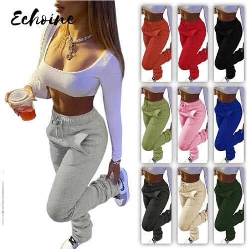 Stacked Sweatpants Womens Fleece Thick Sports Fitness Drawstring with Pocket Streetwear Flare High Waisted Pants Sweatpants