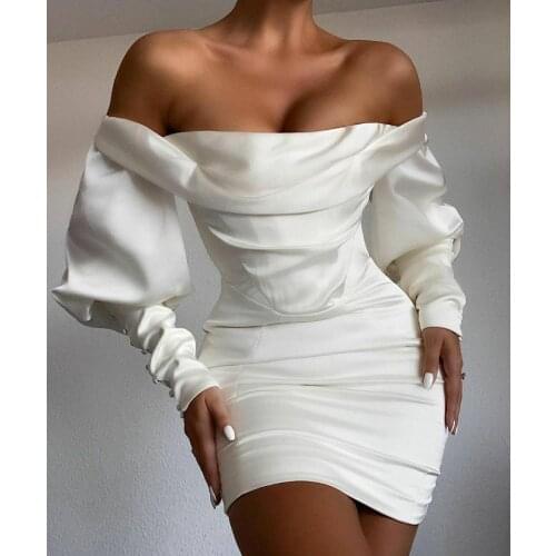 Sexy Bodycon Long Sleeve Satin Evening Dresses Zipper Back White Pleated Formal Party Dress for Women