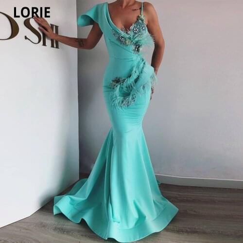 LORIE One Shoulder Mermaid Evening Dresses Formal Appliques with Beading Feathers Elegant Prom Gown Long Celebrity Dresses 2021