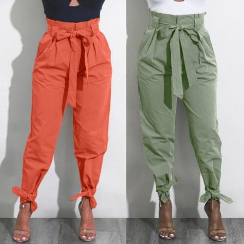 Women High Waist Harem Pants Bow Tie Drawstring Pant Trousers Pantalones Lady Ankle-length Capris Trouser Elastic Waist Casual