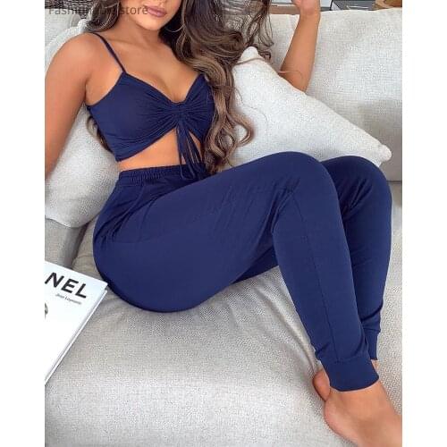 Solid Color Drawstring Ruched Tank Top and Regular Pants 2pcs Set Women Summer Casual Home Suits