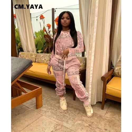 CM.YAYA Sport Bandanna Paisley Womens Set Sweatshirt Jogger Pants Set Tracksuit Fitness Active Outfit Two Piece Matching Set