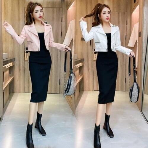 Women 2021 Spring Autumn Fashion 3 Piece Set Female PU Leather Zipper Short Jacket and Camisole Tops + Pencil Skirt Suit C349