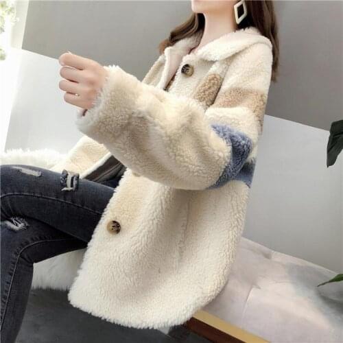 Winter Sheep Shearling Coat Womens Korean Particles Lamb mid-length Coat Long-sleeve Fashion Color Matching Mid-length jacket