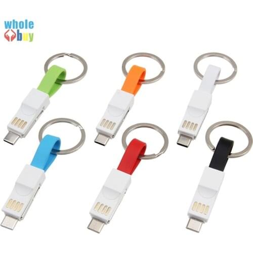 100pcs/lot Mini Reversible 3in1 USB Flat Wire with Key Ring Micro 5pin 8pin Type-C Sync Fast Charger Cable for Iphone Sony HTC