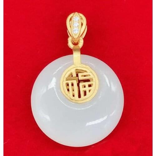 Hot Sale 999 Gold Filled Round Circle White Jadeite Necklace Pendant Bring Lucky Pendant