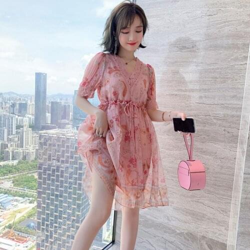 Awarose Lace Up V-Neck High Waist Vintage Floral Print Knee Length Dress + Sling Dress Two Piece Summer Women Fashion Sundress