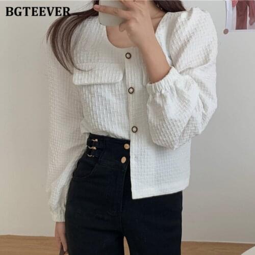 BGTEEVER Spring Square Collar Office Ladies Loose White Shirts Blouses Elegant Puff Sleeve Single-breasted Female Shirts 2021
