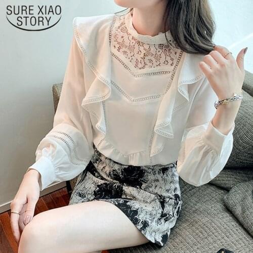 Stand-up Collar Lace Chiffon Shirt Autumn Fairy White Lantern Sleeve Top Elegant Crochet Hollow Ruffled Long Sleeve Blouse 16994