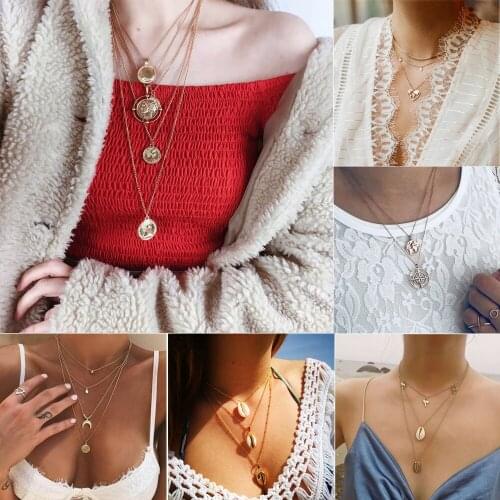 Bohemian Multi Layered Pendant Necklace Choker Gold Color Heart Earth Globe World Map Necklace Beach Shell Moon Necklace
