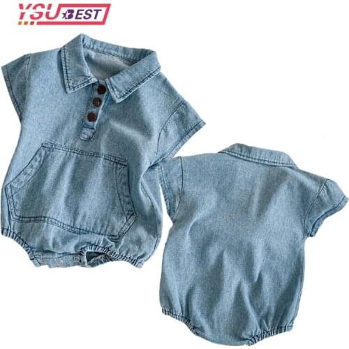 Summer Baby Bodysuits Baby Cotton Shirt Collar Cowboy Brother Sister Wear Triangular Crawl Clothes Baby Girl Clothes Big Pocket