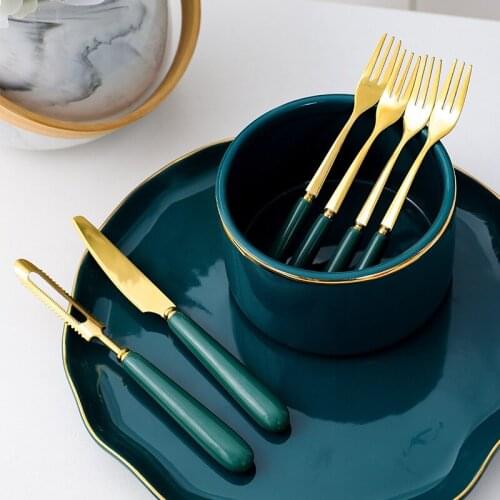 Huantong Nordic stainless steel tableware creative Western food knife peeler dessert knife dark green fruit steak knife fork