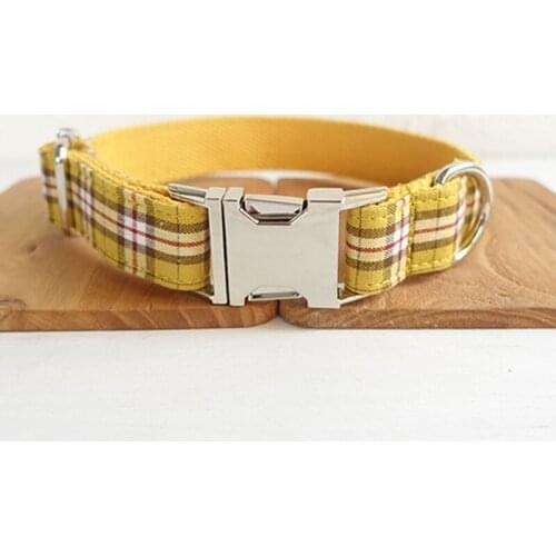 Customized Dog Collar Engraved Puppy ID Tag Leash Collar Set Adjustable Outdoor Plaid Pet Collar Leash Fabric THE LEMON PLAID