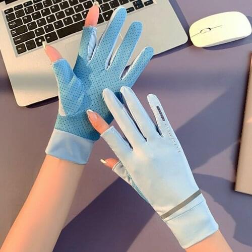 Summer Women UV Sunscreen Short Sun Mitten Thin Ice Silk Lace Palm Mesh Exposed Finger Touch Screen Viscose Driving Glove I103