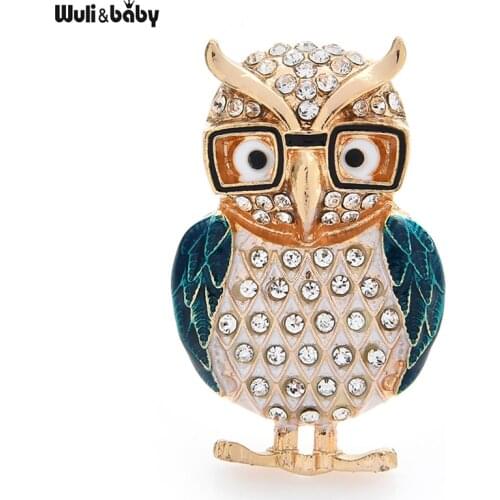 Wuli&baby New Wear Glasses Owl Brooches For Women Men 3-color Enamel Rhinestone Bird Party Office Brooch Pin Gifts