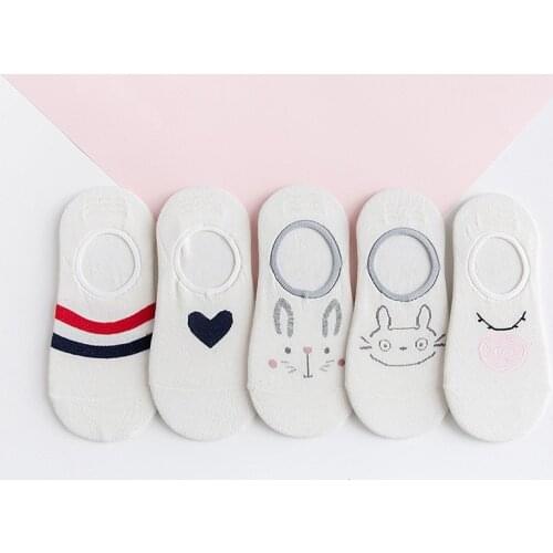5 Pairs/lot Summer Ladies Cartoon Rabbit Socks Slippers Silicone Non-slip Cotton Socks Seamless Invisible Women Boat Socks