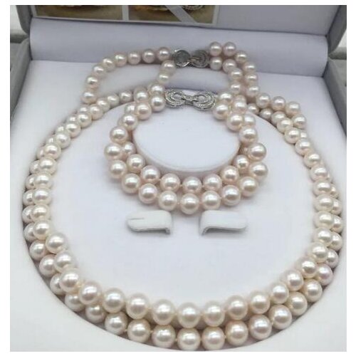 Charming 2rows 9-10 mm round white pearl necklace 18"& bracelet 8" set