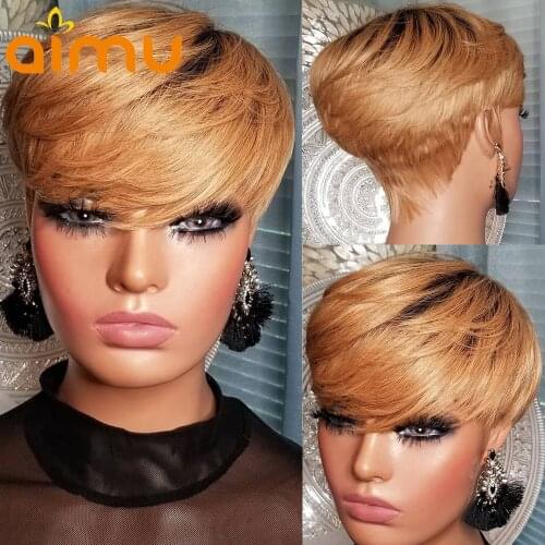 Ombre Honey Blonde Short Bob Full Machine Made Wig With Bangs Human Hair Wig Glueless Pixie Cut Brazilian Hair Wig Black Women