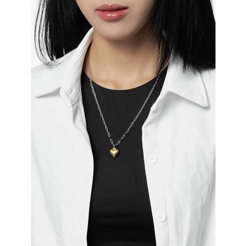 Titanium With 18K long Chain 2 Tone Heart Necklace Women Jewelry Designer T Show Runway Gown Rare INS Japan Korean Trendy Top