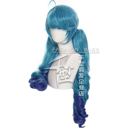 Game LOL Gwen Cosplay Wig Gradient Blue Wavy Side Part Wig with Bangs Ponytails Synthetic Hair Halloween Party Role Play Wigs