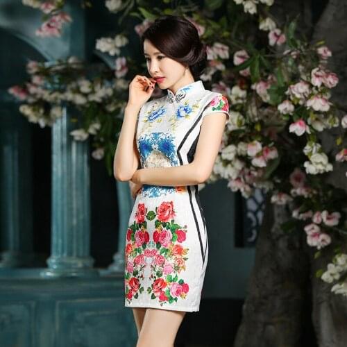 Female Summer Sexy Slim Mini Cheongsam Flower Print Short Qipao Summer Slim Exquisite Vintage Button Trim Chinese Dress