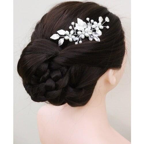 Vintage Silver Leaf Rhinestone Hair Comb Pearl Elegant Girls Hair Ornaments Women Clip Tiara Wedding Bridal Hair Accessories