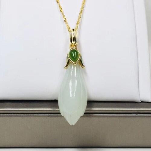 S925 Silver Chinese Hand-carved He Tian Jade Pendant Inlaid With Magnolia Necklace Lucky Amulet Fine Jewelry Gift