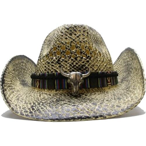 A160 Adult Summer Raffia Hats Retro Big Cow Leather Belt Beach Caps Men Women West Cowboy Hat Raffia Straw Cap Adjustable Size
